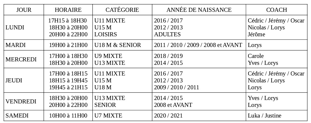 PLANNING PROVISOIRE ENTRAÎNEMENTS
